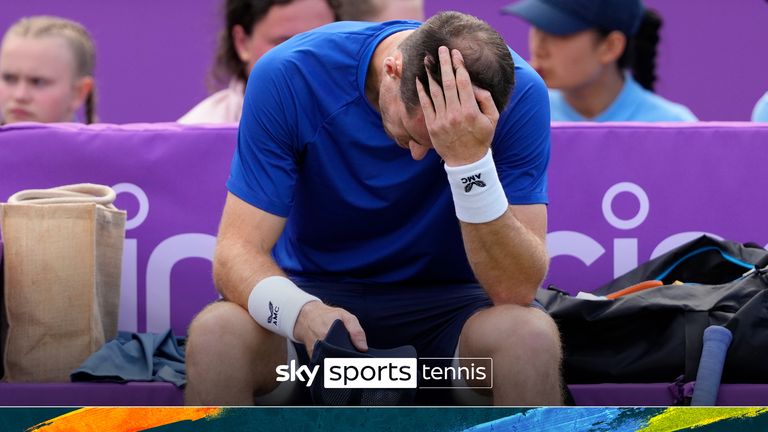 Andy Murray of Britain sits in his chair before he retires due to injury from his match against Jordan Thompson of Australia during their men&#39;s singles match on day five of The Queen&#39;s Club tennis tournament, in London, Wednesday, June 19, 2024.