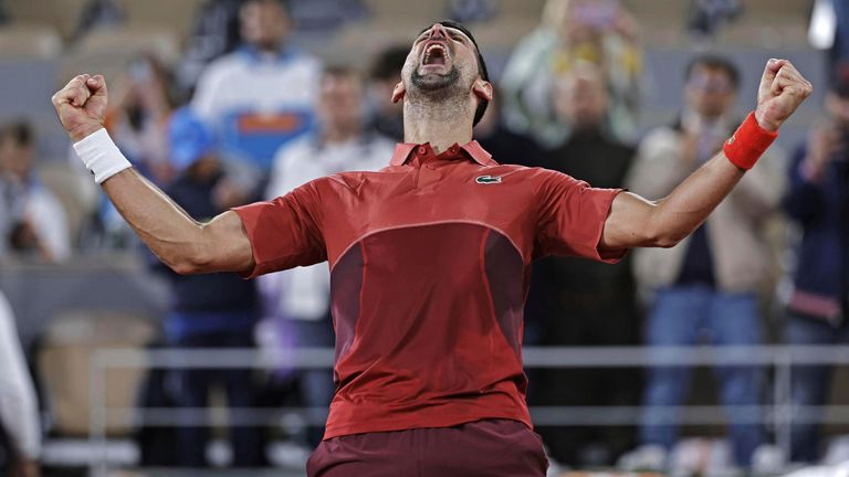 Novak Djokovic of Serbia celebrates after defeating Lorenzo Musetti of Italy in a men's singles third-round match at the French Open tennis tournament in Paris in the small hours of June 2, 2024. (Kyodo via AP Images) ==Kyodo