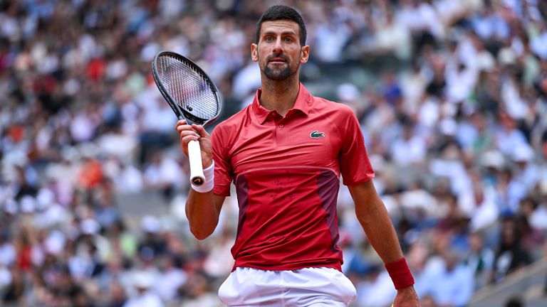 Novak Djokovic of Serbia looks on in the Men's Singles fourth round match during Day Nine of the 2024 French Open at Roland Garros on June 03, 2024 in Paris, France. (Photo by Franco Arland/Getty Images)