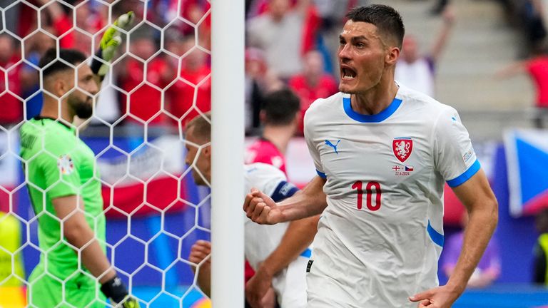 Czech Republic's Patrik Schick celebrates after scoring his side first goal during a Group F match between Georgia and the Czech Republic at the Euro 2024 soccer tournament in Hamburg, Germany, Saturday, June 22, 2024. (AP Photo/Ebrahim Noroozi)