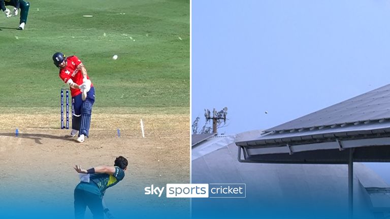 Phil Salt hits a massive six straight into the top of the stand as England look to assert some pressure onto Australia as they chase the 202 runs target. 