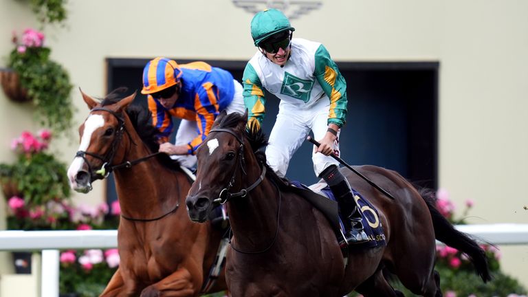 Porta Fortuna ridden by Tom Marquand on their way to winning the Coronation Stakes on day four of Royal Ascot 