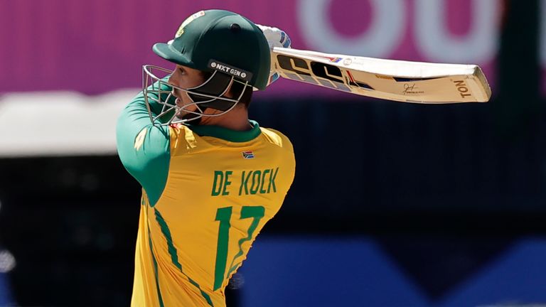 South Africa's Quinton de Kock plays a shot during the ICC Men's T20 World Cup cricket match between Bangladesh and South Africa at the Nassau County International Cricket Stadium in Westbury, New York, Monday, June 10, 2024. (AP Photo/Adam Hunger)