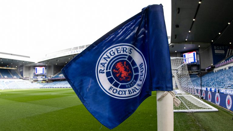 GLASGOW, SCOTLAND - APRIL 07: Rangers corner flag during a cinch Premiership match between Rangers and Celtic at Ibrox Stadium, on April 07, 2024, in Glasgow, Scotland. (Photo by Alan Harvey / SNS Group)