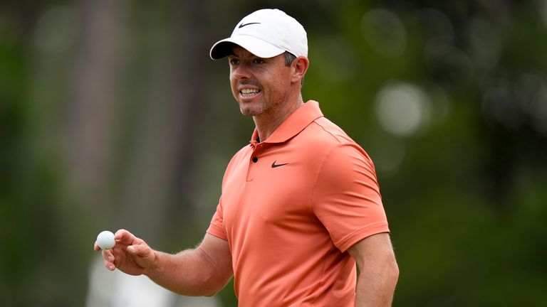 Rory McIlroy, of Northern Ireland, waves after making a putt on the ninth hole during the first round of the U.S. Open golf tournament Thursday, June 13, 2024, in Pinehurst, N.C. (AP Photo/Frank Franklin II )
