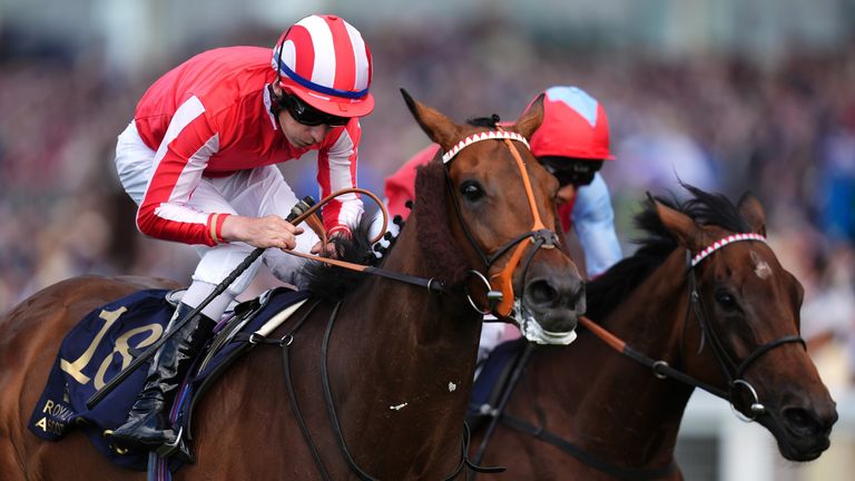 Pledgeofallegiance ridden by Luke Morris on their way to winning the Ascot Stakes on day one of Royal Ascot. 