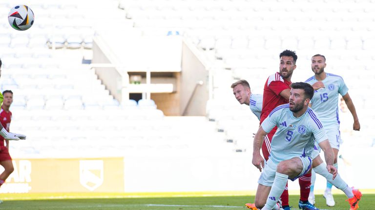 Scotland's Grant Hanley has a shot off target against Gibraltar