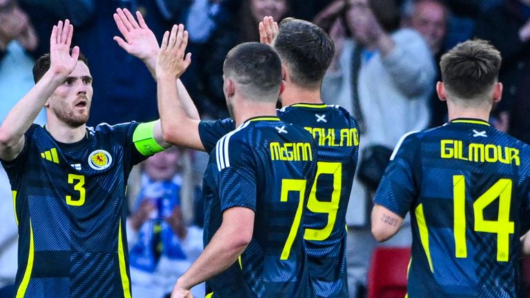 Scotland's Andy Robertson celebrates with Lawrence Shankland 