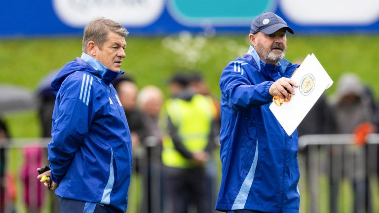 GARMISCH-PARTENKIRCHEN, GERMANY - JUNE 10: Assistant coach John Carver and head coach Steve Clarke during a Scotland open training session at Stadion am Groben, on June 10, 2024, in Garmisch-Partenkirchen, Germany. (Photo by Craig Williamson / SNS Group)