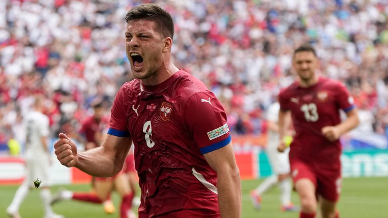 Serbia's Luka Jovic celebrates after equalising against Slovenia