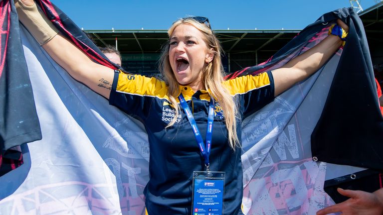 Picture by Allan McKenzie/SWpix.com - 19/05/2024 - Rugby League - Betfred Women's Challenge Cup Semi Final - Leeds Rhinos v Wigan Warriors - The Totally Wicked Stadium, St Helens, England - Leeds' Shona Hoyle celebrates after her side's victory over Wigan.