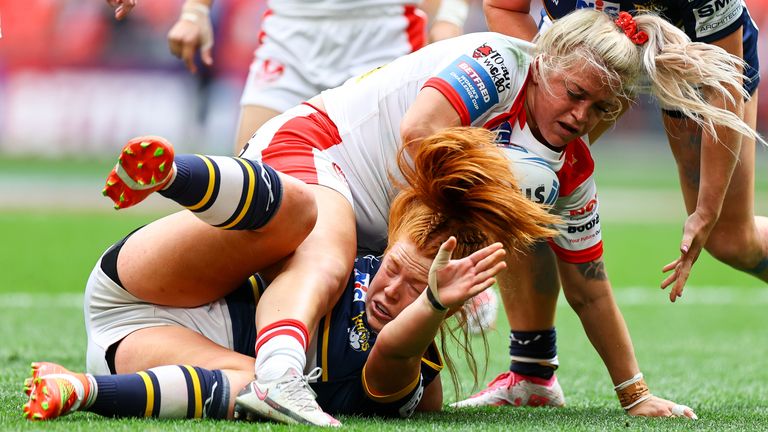 Picture by Will Palmer/SWpix.com - 12/08/2023 - Rugby League - Betfred Women's Challenge Cup Final - Leeds Rhinos v St Helens - Wembley Stadium, London, England - Shona Hoyle of St.Helens is tackled by Caitlin Casey of Leeds Rhinos 