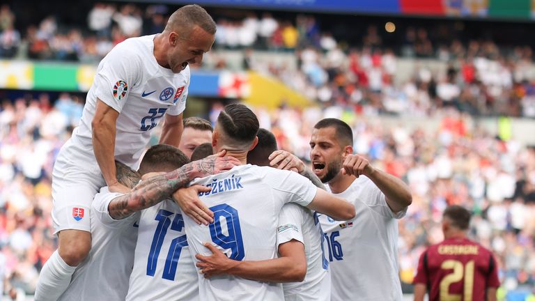  Players of Slovakia celebrate after scoring a goal during the UEFA EURO 2024 European Football Championship tournament group E stage match between Belgium and Slovakia at Frankfurt Arena. Final score : Slovakia 1 : 0 Belgium. 