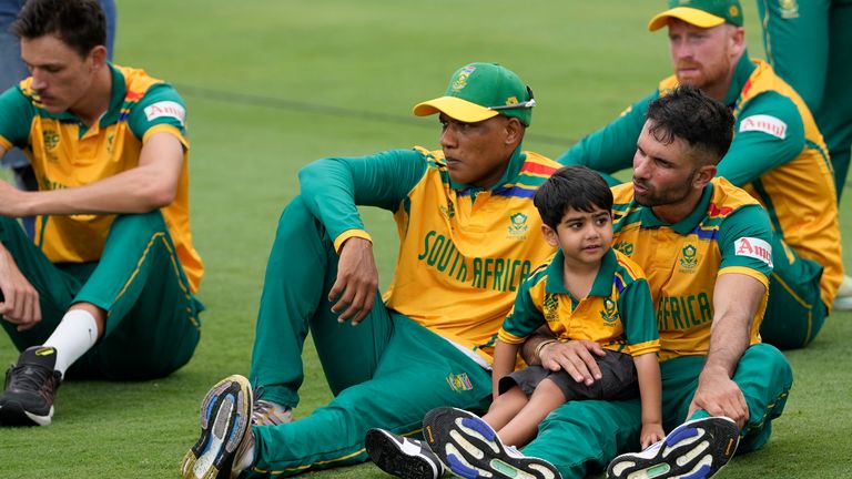 South Africa players after their loss against India in the ICC Men's T20 World Cup final at Kensington Oval in Bridgetown