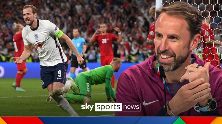 England&#39;s Harry Kane celebrates after scoring his side&#39;s second goal during the Euro 2020 soccer semifinal match between England and Denmark at Wembley stadium in London, Wednesday, July 7, 2021.