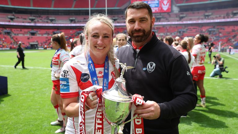 Picture by Ed Sykes/SWpix.com - 08/06/2024 - Rugby League - Betfred Women's Challenge Cup Final - Leeds Rhinos v St Helens - Wembley Stadium, London, England - Captain Jodie Cunningham and Head Coach Matty Smith