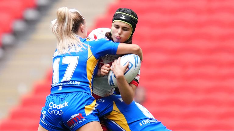 Leeds Rhinos v St. Helens - Betfred Women's Challenge Cup - Final - Wembley Stadium
St Helens' Beri Salihi is tackled by Leeds Rhinos' Lucy Murray and Hanna Butcher (right) during the Betfred Women's Challenge Cup final at Wembley Stadium, London. Picture date: Saturday June 8, 2024.