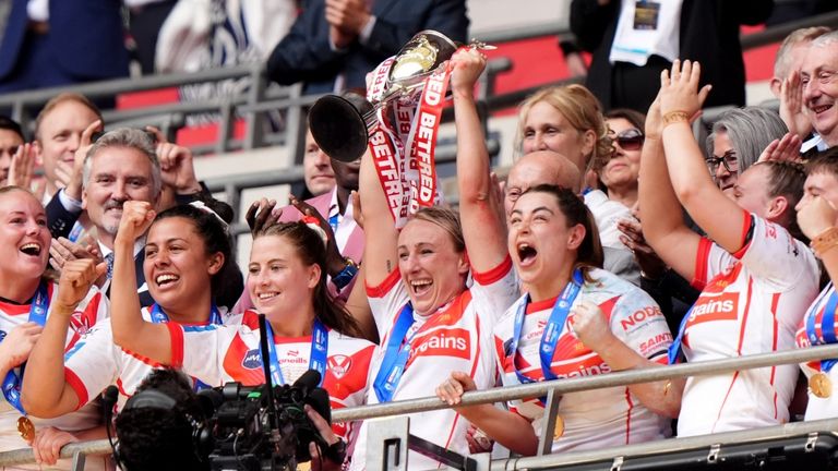 Leeds Rhinos v St. Helens - Betfred Women's Challenge Cup - Final - Wembley Stadium
St Helens' Jodie Cunningham lifts the trophy after her side won the Betfred Women's Challenge Cup final at Wembley Stadium, London. Picture date: Saturday June 8, 2024.
