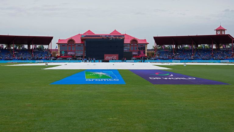 The pitch area is seen covered after wet outfield delayed the start of the ICC Men's T20 World Cup cricket match between Canada and India at the Central Broward Regional Park Stadium, Lauderhill, Fla., Saturday, June 15, 2024. (AP Photo/Lynne Sladky)