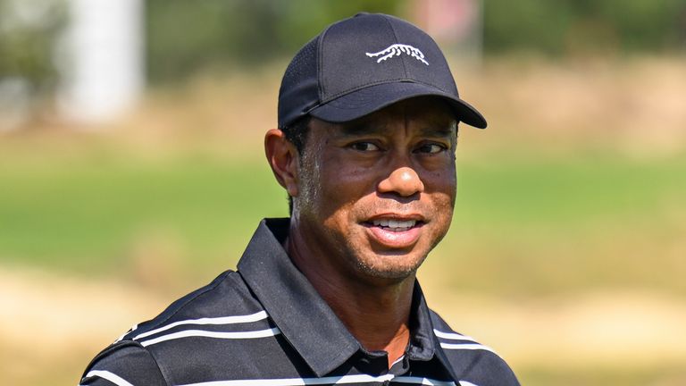 PINEHURST, NORTH CAROLINA - JUNE 09: Tiger Woods smiles during some practice for the US Open at No.  2 Course at Pinehurst Resort on June 9, 2024, in Pinehurst, North Carolina.  (Photo by Keyur Khamar/PGA TOUR via Getty Images)