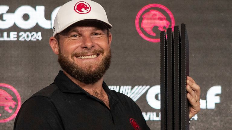 First place individual champion, Tyrrell Hatton of Legion XIII poses for a photo after the final round of LIV Golf Nashville at The Grove on Sunday, June 23, 2024 in College Grove, Tennessee. (Photo by Chris Trotman/LIV Golf via AP) 