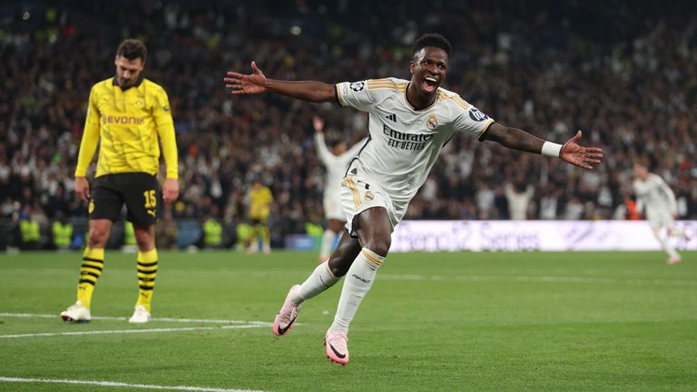 Vinicius Junior of Real Madrid celebrates scoring his team's second goal during the UEFA Champions League 2023/24 Final match between Borussia Dortmund and Real Madrid CF at Wembley Stadium on June 01, 2024 in London, England.
