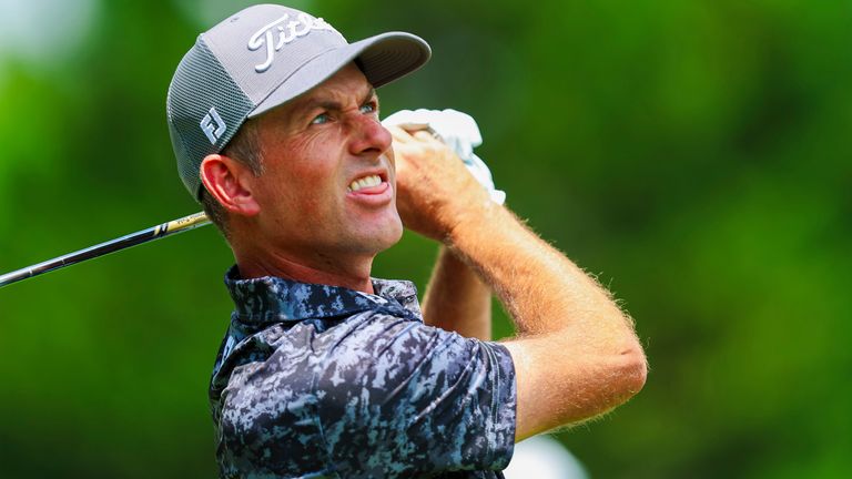 CHARLOTTE, NC - MAY 10: Webb Simpson watches his shot from the fourth tee box during the second round of Wells Fargo Championship at Quail Hollow Club on May 10, 2024 in Charlotte, North Carolina. (Photo by David Jensen/Icon Sportswire) (Icon Sportswire via AP Images)