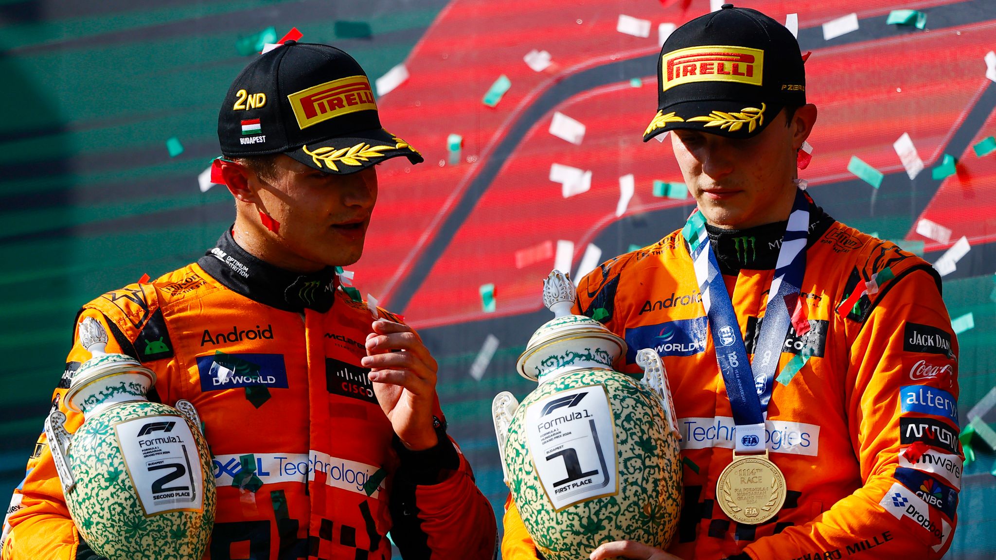 Lando Norris and Oscar Piastri on the podium at the Hungarian Grand Prix