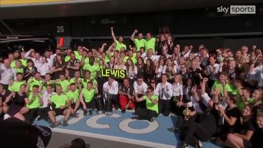 Hamilton celebrates with Mercedes team and Silverstone crowd