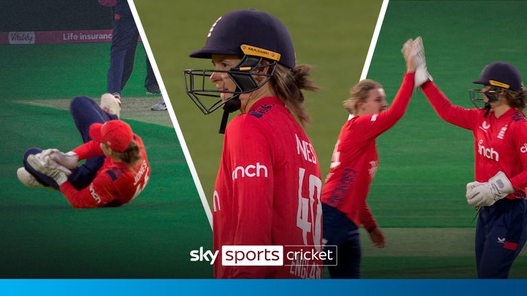 Watch Amy Jones' two phenomenal catches for England in their Women's T20 match against New Zealand.