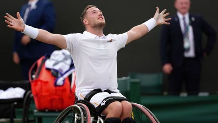 Alfie Hewett celebrates victory over Gustavo Fernandez (not pictured) on day twelve of the 2024 Wimbledon Championships at the All England Lawn Tennis and Croquet Club, London. Picture date: Friday July 12, 2024.