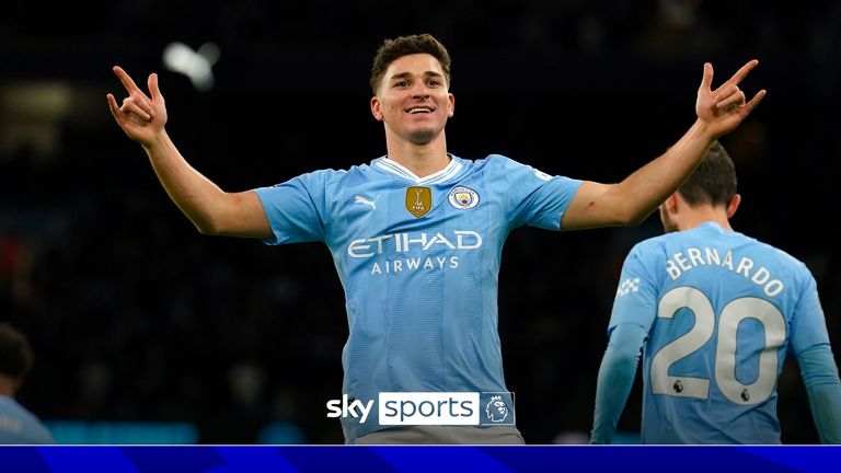 Manchester City's Julian Alvarez celebrates scoring their side's first goal of the game during the Premier League match at the Etihad Stadium, Manchester. Picture date: Wednesday January 31, 2024.
