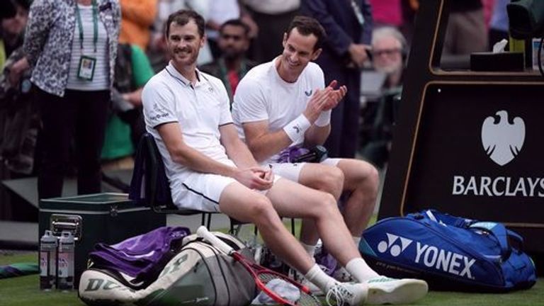 Andy Murray (right) and Jamie Murray after the men's doubles match on day four of the 2024 Wimbledon Championships at the All England Lawn Tennis and Croquet Club in London.  Photo date: Thursday, July 4, 2024.