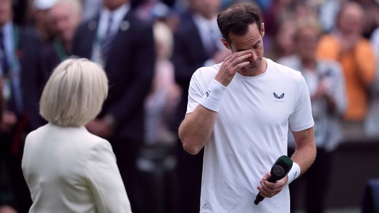 Andy Murray and Sue Barker after his gentlemen's doubles match on day four of the 2024 Wimbledon Championships at the All England Lawn Tennis and Croquet Club, London. Picture date: Thursday July 4, 2024.