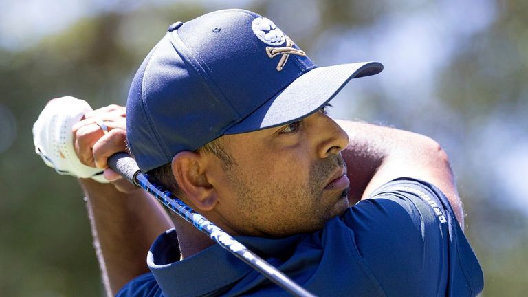 Anirban Lahiri of Crushers GC hits his shot from the second tee during the final round of LIV Golf Andaluc..a at Real Club Valderrama on Sunday, July 14, 2024 in San Roque, Spain. (Photo by Chris Trotman/LIV Golf via AP)