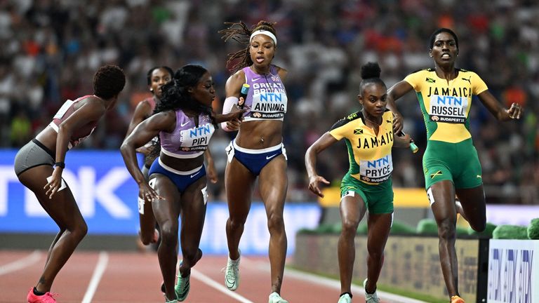 Team GB's Amber Anning competing against Jamaica's Nickisha Pryce in the women's 4x400m relay final during the World Athletics Championships.