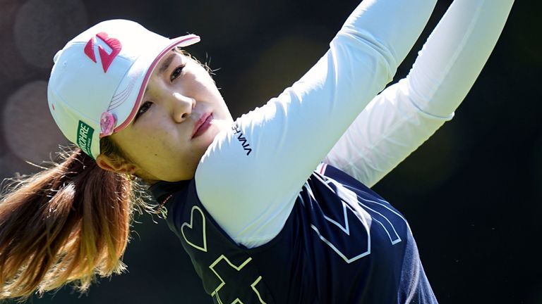 Ayaka Furue, of Japan, plays on the fourth hole during the last round of the Evian Championship women's golf tournament, in Evian, eastern France, Sunday, July 14, 2024. (AP Photo/Laurent Cipriani)