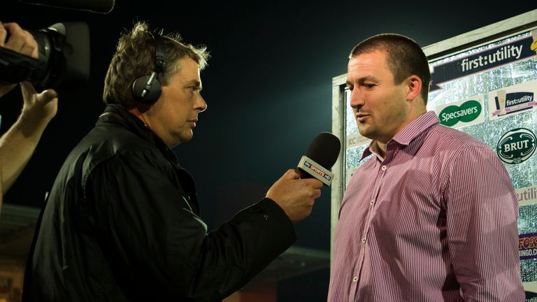 Picture by Allan McKenzie/SWpix.com - 14/08/2014 - Rugby League - First Utility Super League - Hull Kingston Rovers v Wigan Warriors - KC Lightstream Stadium, Hull, England - Hull KR coach Chris Chester is interviewed by Sky Sports.