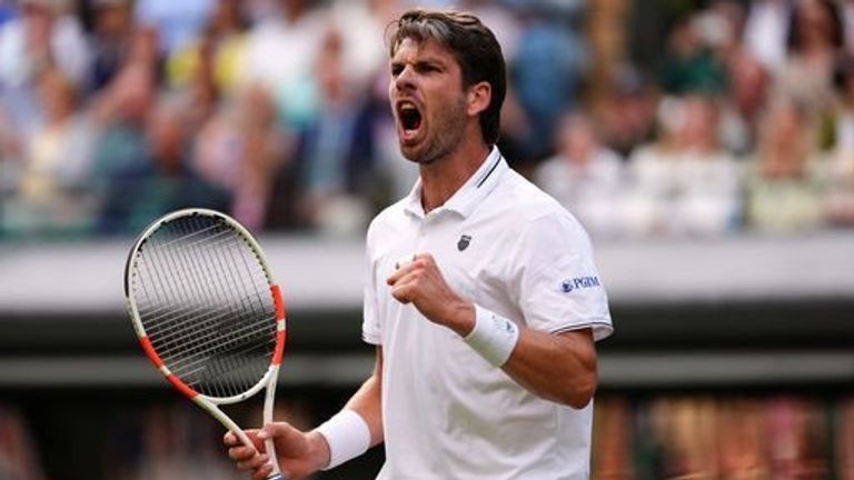 Cameron Norrie celebrates breaking serve in the third set against Jack Draper (not pictured) on day four of the 2024 Wimbledon Championships at the All England Lawn Tennis and Croquet Club, London. Picture date: Thursday July 4, 2024.