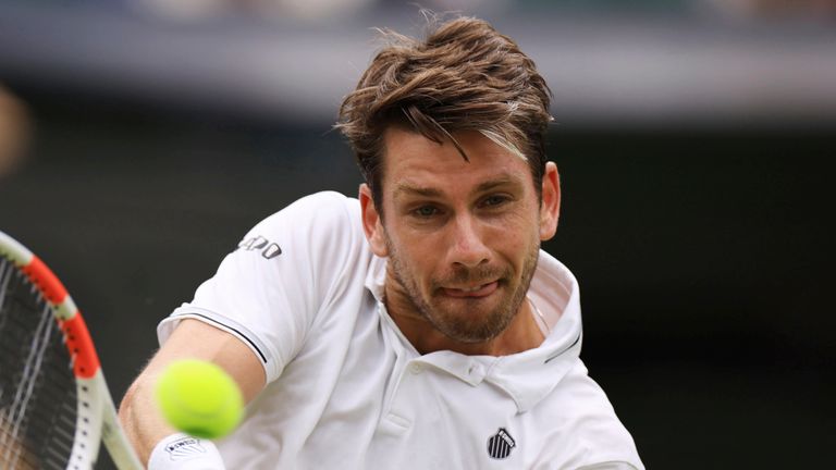 Cameron Norrie of Great Britain hits a ball during the Men's Singles Third Round match against Alexander Zverev of Germany on the day 6 of the Wimbledon tennis championships at the All England Lawn Tennis and Croquet Club in London on July 6, 2024. ( The Yomiuri Shimbun via AP Images )