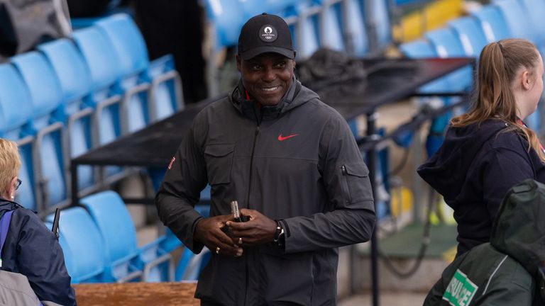 Carl Lewis is smiling after watching his protege Louie Hinchliffe win the Men's 100m during the Microplus UK Athletics Championships at the Manchester Regional Arena in Manchester, England, on Saturday, June 29, 2024. (Photo by MI News/NurPhoto)