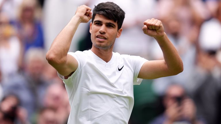 Carlos Alcaraz celebrates beating Mark Lajal (not pictured) on day one of the 2024 Wimbledon Championships at the All England Lawn Tennis and Croquet Club, London. Picture date: Monday July 1, 2024.