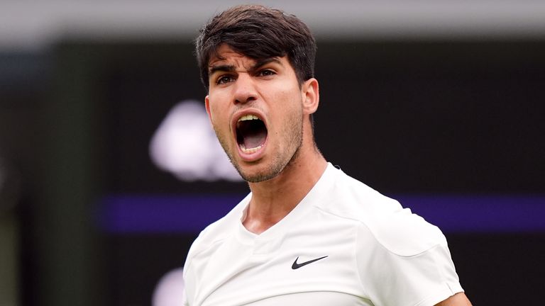 Carlos Alcaraz reacts during his match against Frances Tiafoe (not pictured) on day five of the 2024 Wimbledon Championships at the All England Lawn Tennis and Croquet Club, London. Picture date: Friday July 5, 2024.
