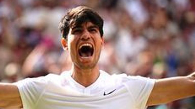 Carlos Alcaraz celebrates victory against Novak Djokovic (not pictured) in the Gentlemen's Singles Final on day fourteen of the 2024 Wimbledon Championships at the All England Lawn Tennis and Croquet Club, London. Picture date: Sunday July 14, 2024.