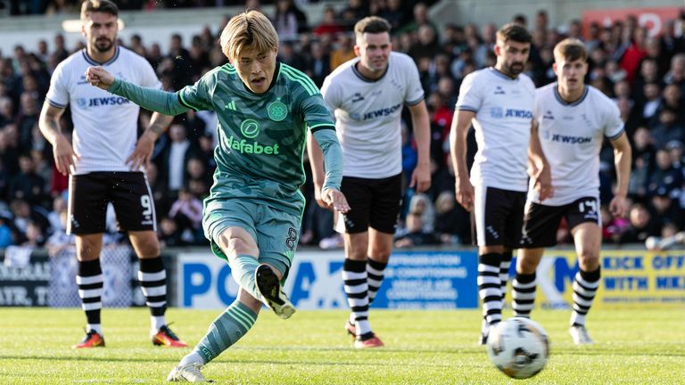 AYR, SCOTLAND - JULY 05: Celtic's Kyogo Furuhashi scores a penalty to make it 1-0 during a pre-season friendly match between Ayr United and Celtic at Somerset Park, on July 05, 2024, in Ayr, Scotland. (Photo by Craig Foy / SNS Group)