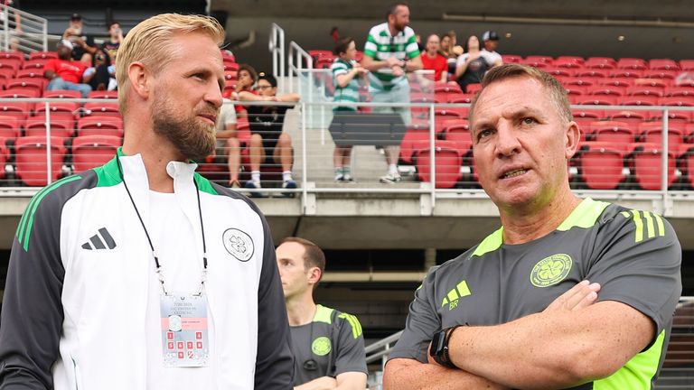 WASHINGTON, D.C., USA - JULY 20: Celtic manager Brendan Rodgers with new signing Kasper Schmeichel during a pre-season friendly match between DC United and Celtic at the Audi Field, on July 20, 2024, in Washington, D.C., USA.  (Photo by Ross MacDonald / SNS Group)