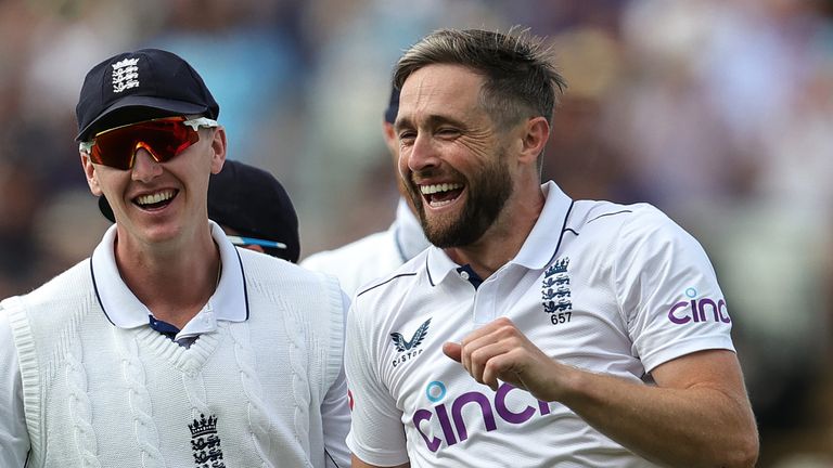 Chris Woakes celebrates the wicket of West Indies captain Kraigg Brathwaite on day two of the third Test at Edgbaston