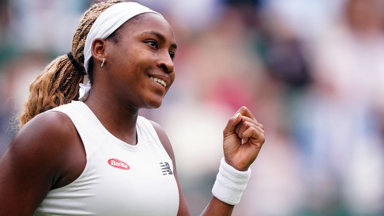 Coco Gauff celebrates following her match against Anca Todoni (not pictured) on day three of the 2024 Wimbledon Championships at the All England Lawn Tennis and Croquet Club, London. Picture date: Wednesday July 3, 2024.