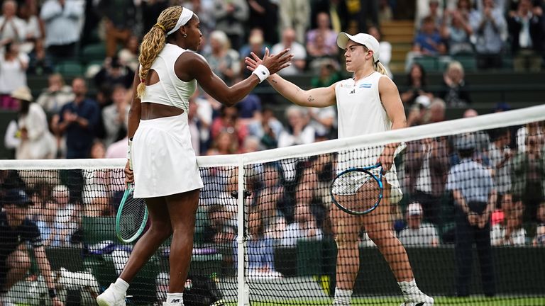Coco Gauff with Sonay Kartal after victory on day five of the 2024 Wimbledon Championships at the All England Lawn Tennis and Croquet Club, London.  Drawing date: Friday, July 5, 2024.
