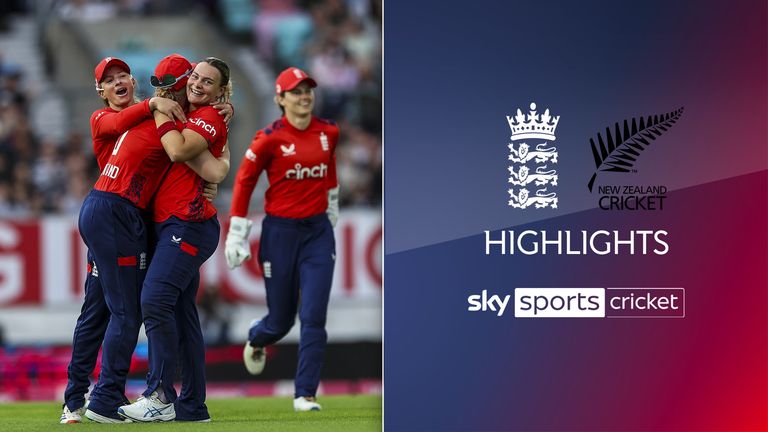 England player Danielle Gibson (centre) celebrates with her teammates after dismissing New Zealand player Sophie Devine (not pictured) during the fourth T20 International at the Kia Oval in London. Image date: Saturday, July 13, 2024.